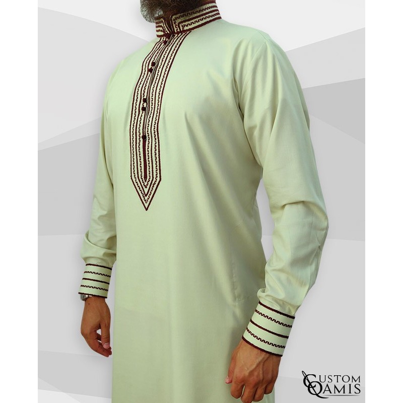 Qamis Sultan Cotton anis et broderie bordeaux