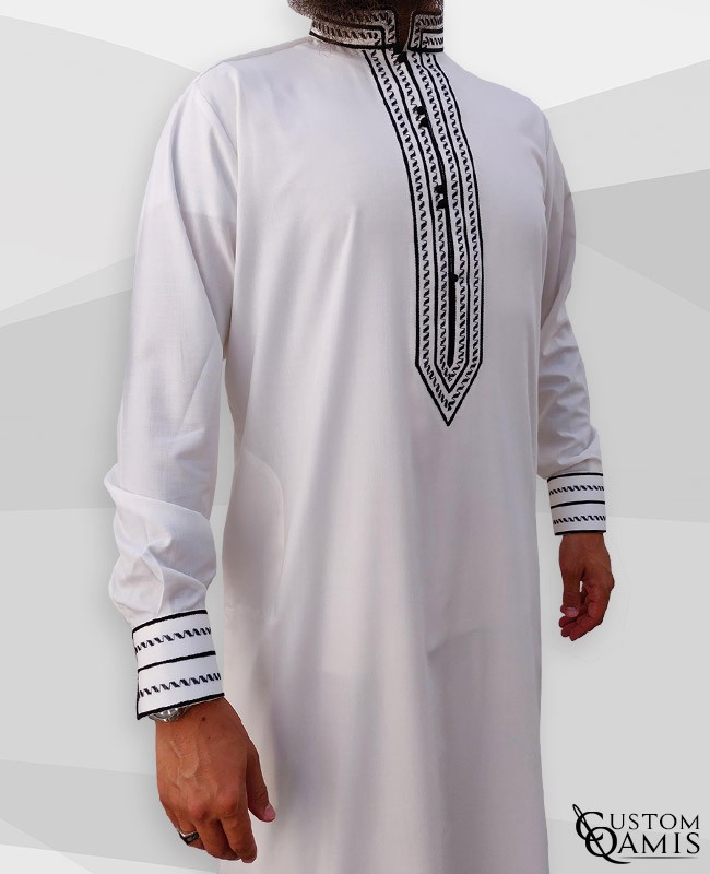 Qamis Sultan Cotton Blanc avec broderie noire
