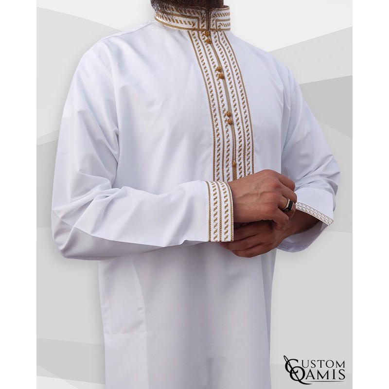 Qamis Sultan Platinium Blanc avec broderie or