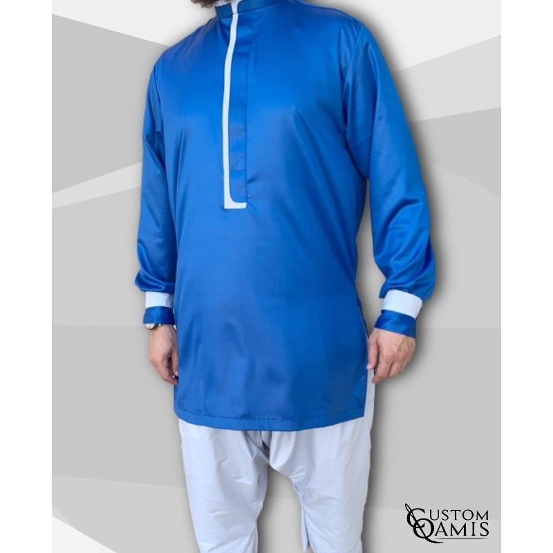 Ensemble tunique Luqman Tissu precious bleu roi et platinium gris avec serwel coupe droite