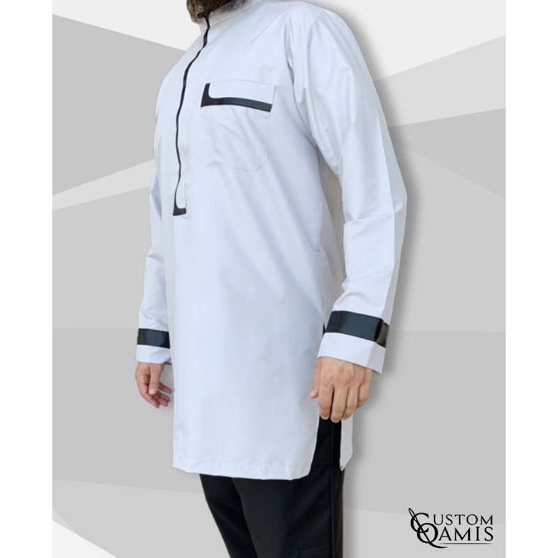 Ensemble tunique Luqman Tissu Platinium gris clair et noir avec serwel noir coupe droite 