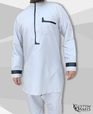 set tunic luqman fabric platinium light grey and black with serwel light grey straight cut