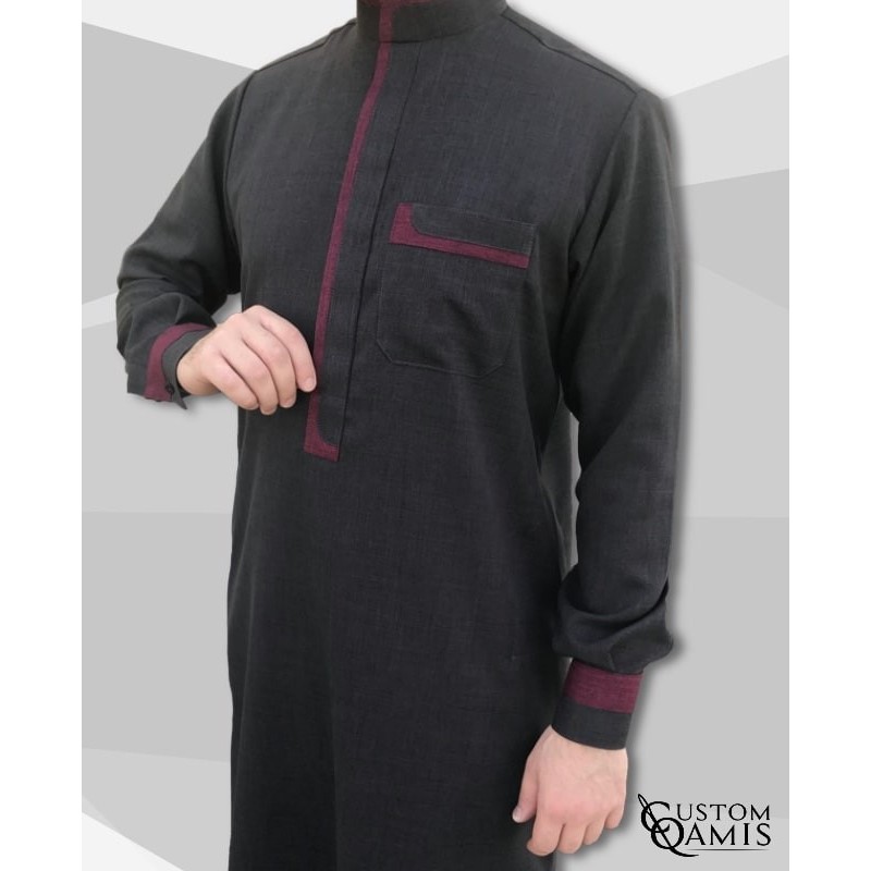 Qamis Luqman Tissu Imperial Gris Anthracite et bordeaux