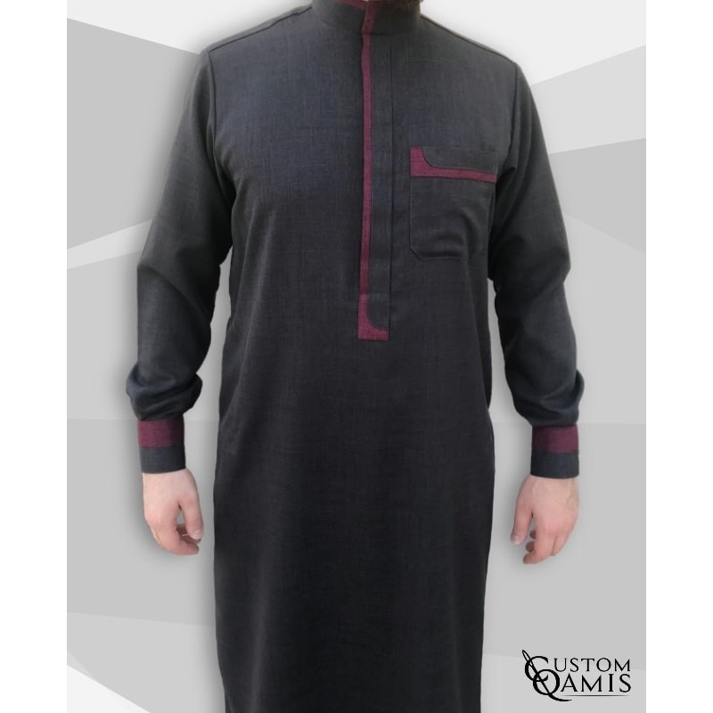 Qamis Luqman Tissu Imperial Gris Anthracite et bordeaux