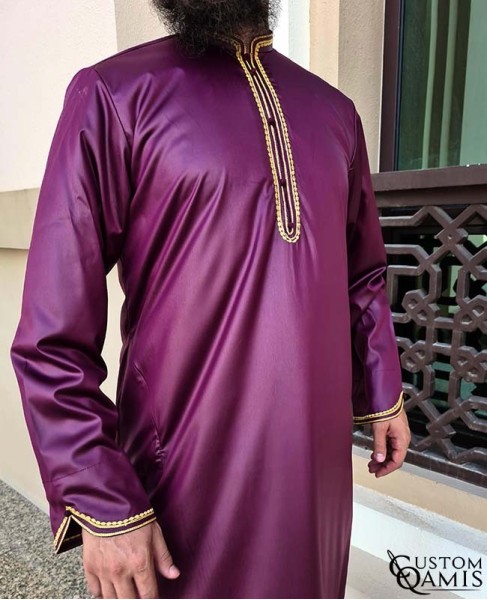 Qamis Al Masaf fabric Precious burgundy satin with embrodery gold color