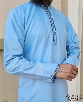 Qamis Al Masaf fabric Platinium light sky blue with embroidery navy blue