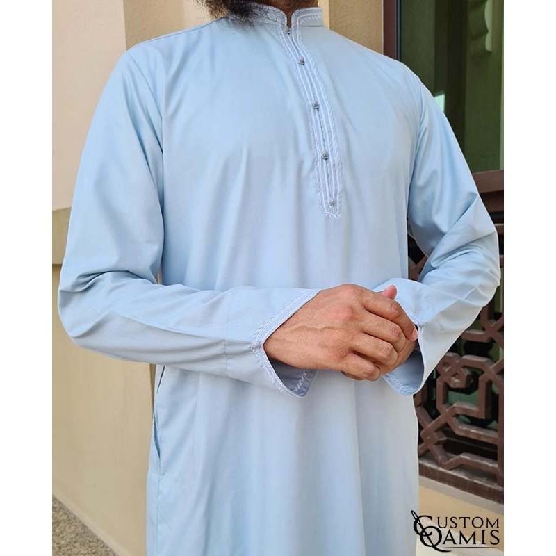 Qamis Al Masaf fabric Cotton light grey with embroidery white color