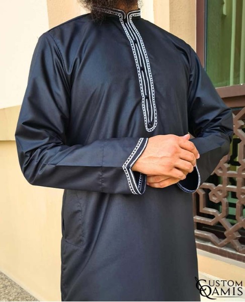 Qamis Al Masaf fabric Platinium black with embroidery white