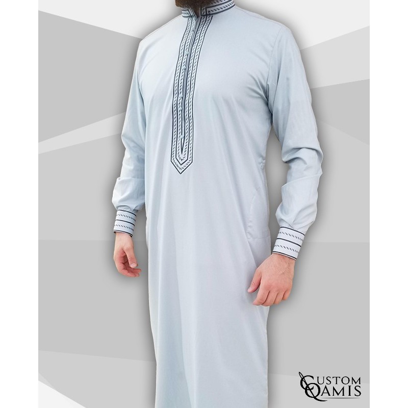 Sultan Thobe Cotton Light grey with enbroidery navy blue