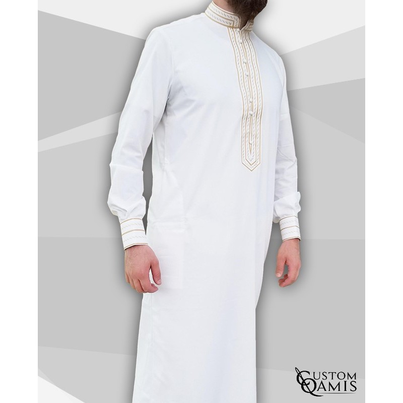 Qamis Sultan Platinum Blanc avec broderie marrons claires