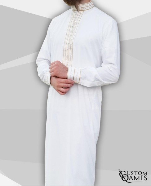 Qamis Sultan Platinum Blanc avec broderie marrons claires