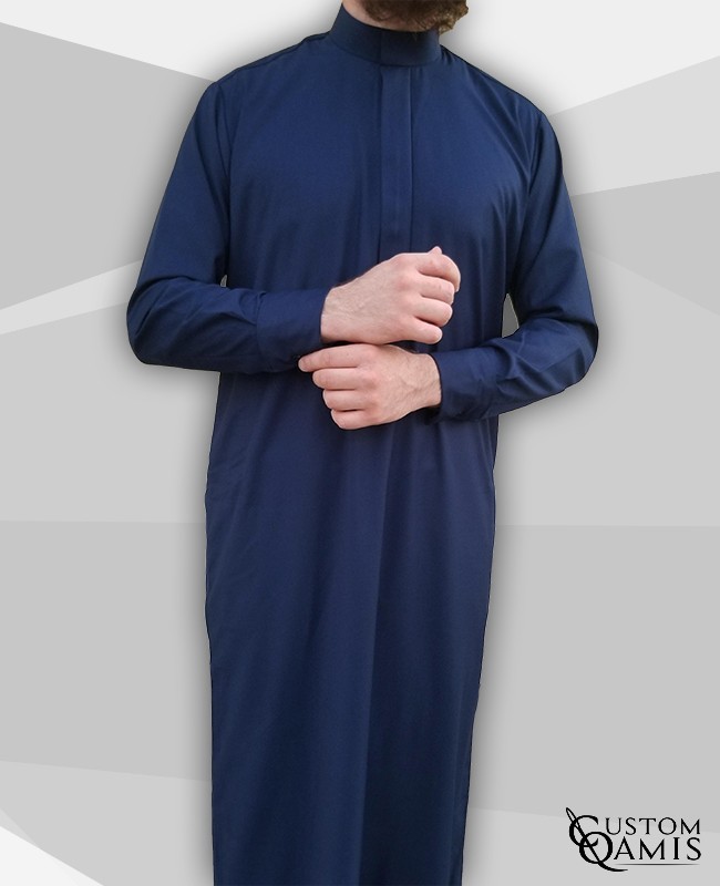 Classic Thobe Cashmere Wool light navy blue fabric with Stretch Saudi collar