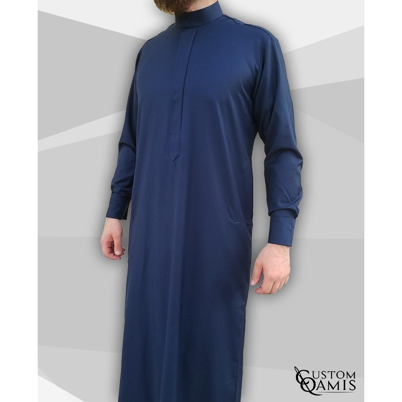 Qamis Classic Tissu Cashmere Wool bleu marine clair avec col Saoudi