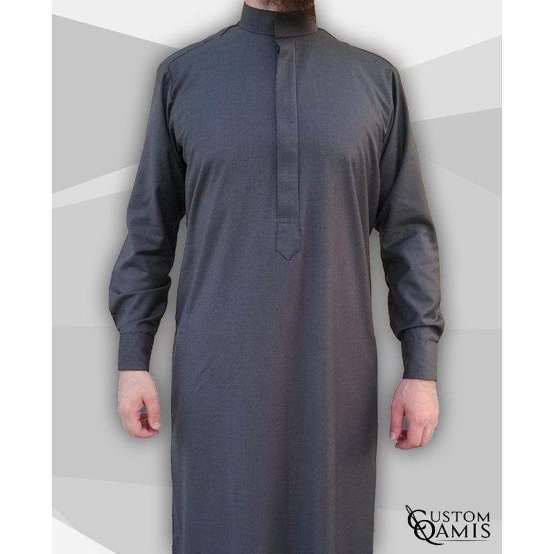 Qamis Classic Tissu Cashmere Wool gris avec col Saoudi