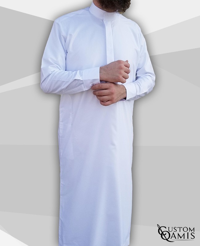 Qamis Classic Saoudi blanc satiné Tissu Luxury avec manchettes