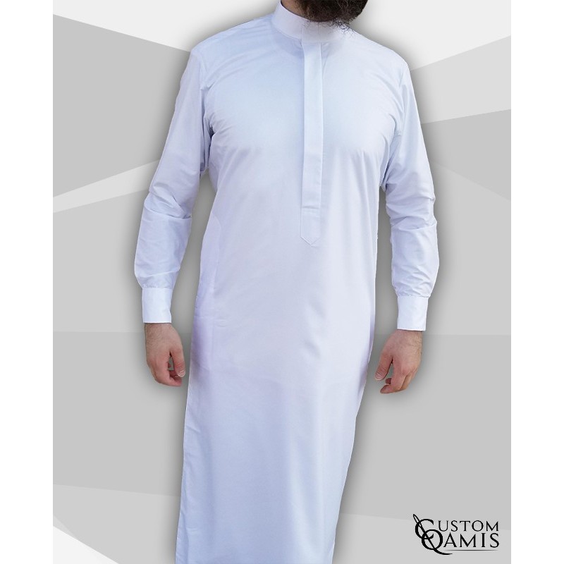 Qamis Classic Saoudi blanc satiné Tissu Luxury avec manchettes