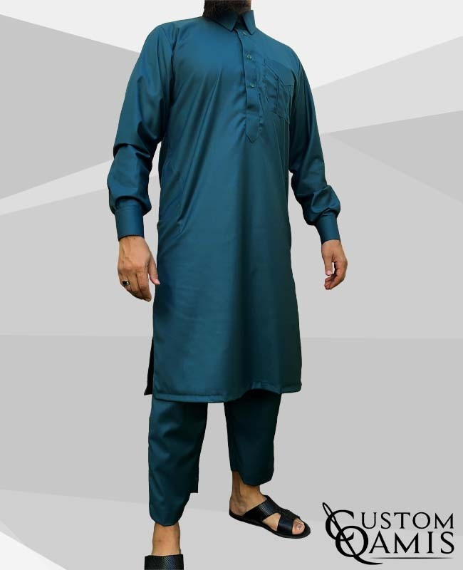 Ensemble Pakistannais Cashmere Wool Vert Bleuté (tissu costume) col Qatari avec serwel coupe droite