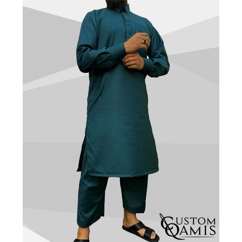 Ensemble Pakistannais Cashmere Wool Vert Bleuté (tissu costume) col Qatari avec serwel coupe droite