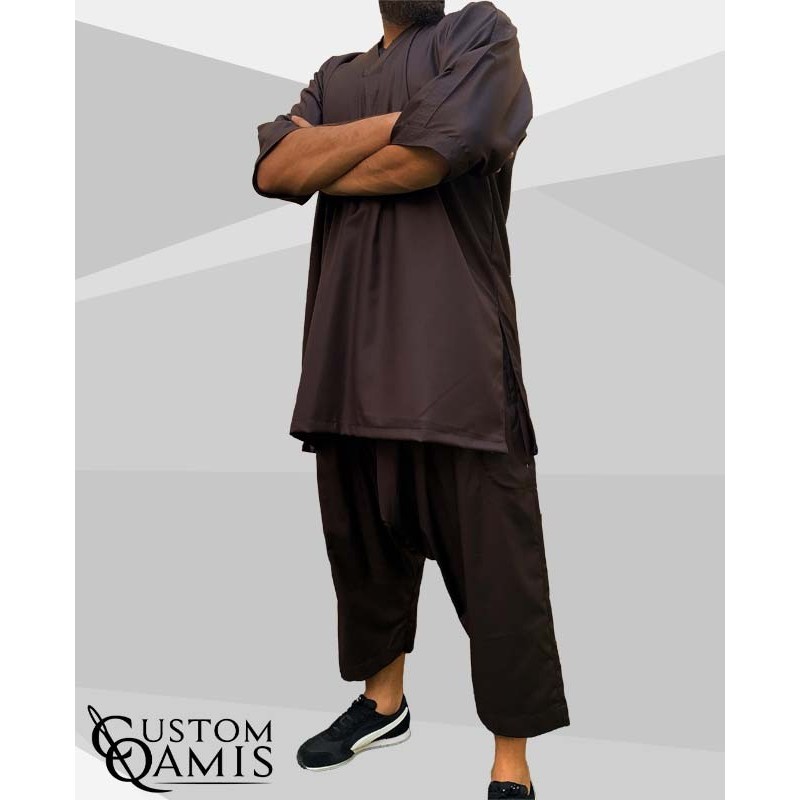 Tunic Set Gandoura Fabric Cashmere Wool : Brown (suit fabric) With Serwel Qandrissi Cut