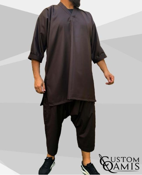 Tunic Set Gandoura Fabric Cashmere Wool : Brown (suit fabric) With Serwel Qandrissi Cut