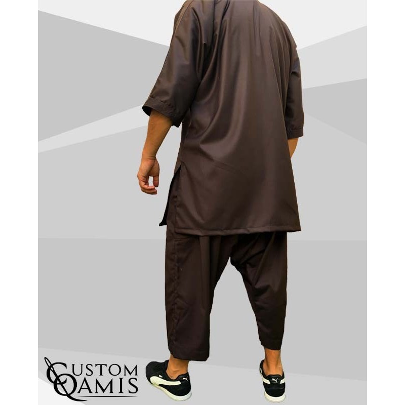 Ensemble Tunique Gandoura Tissu Cashmere Wool : Marron (tissu costume) Avec Serwel Coupe Qandrissi
