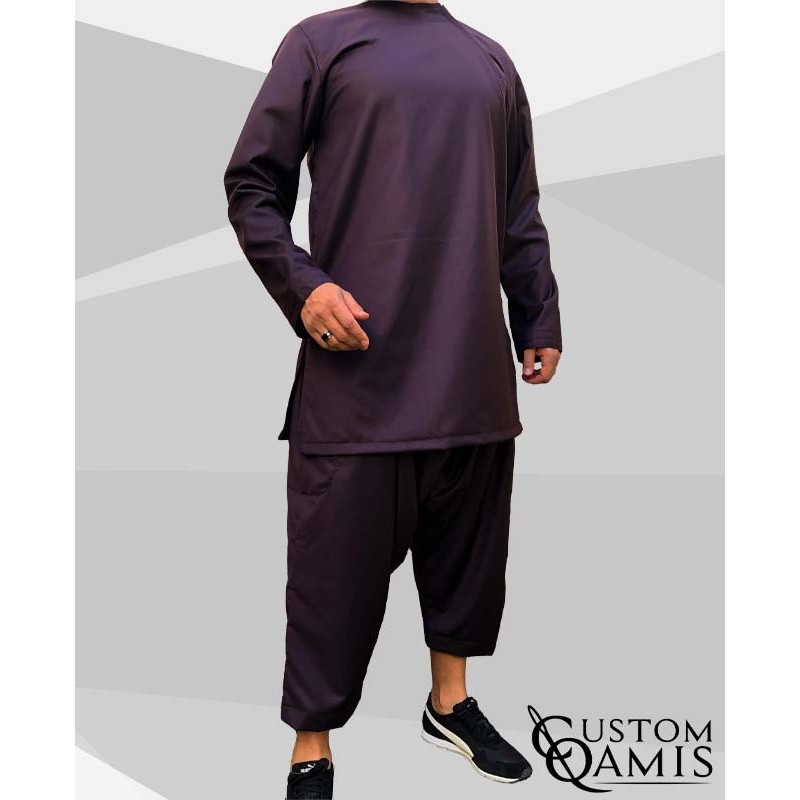 Ensemble Imad tunique en Cashmere Wool Prune avec serwel coupe qandrissi