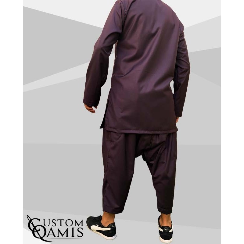 Ensemble Imad tunique en Cashmere Wool Prune avec serwel coupe qandrissi