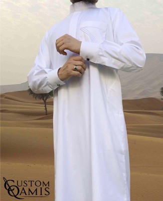 Qamis Saoudien Tissu Cashmere Wool Blanc (tissu costume) avec manchettes