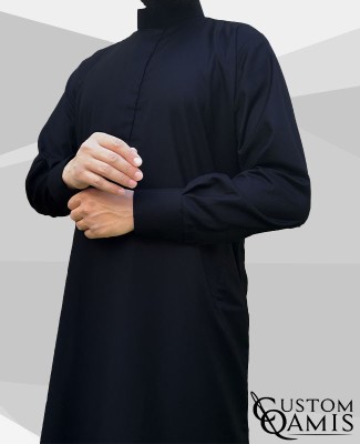 Qamis Saoudien Tissu Cashmere Wool Bleu marine (tissu costume) avec manchettes