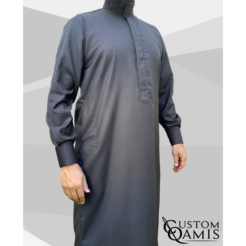 Qamis Saoudien Tissu Cashmere Wool Gris (tissu costume) avec manchettes