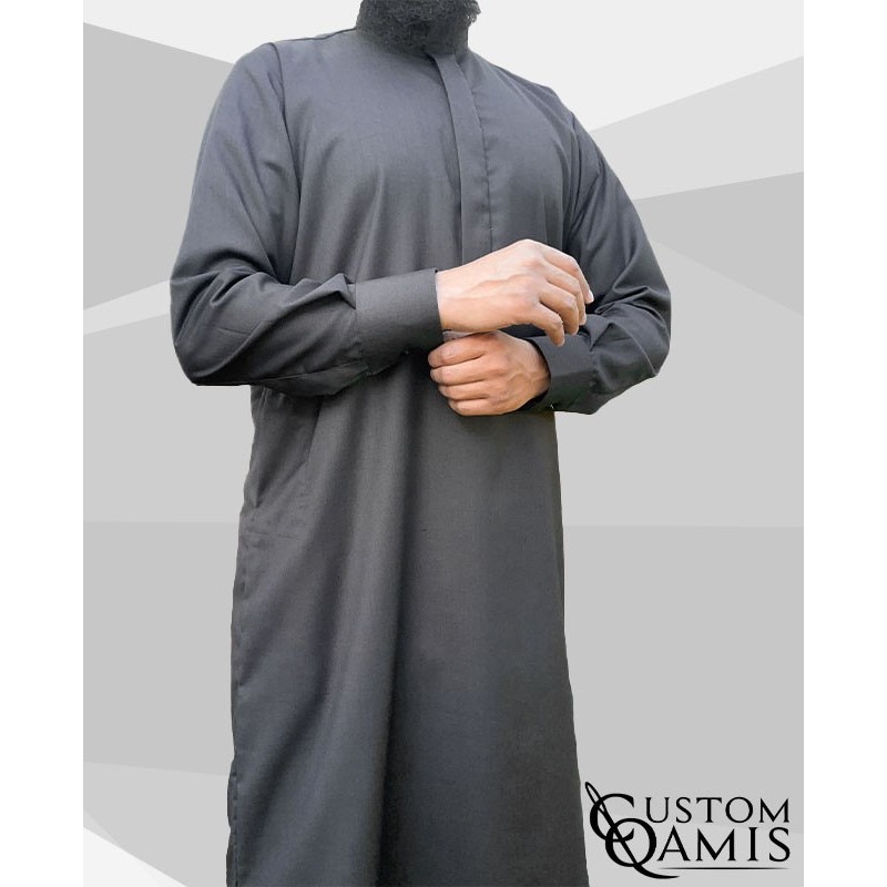 Qamis Saoudien Tissu Cashmere Wool Gris (tissu costume) avec manchettes