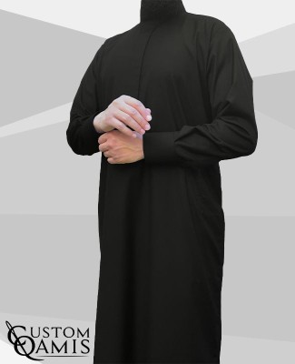 Qamis Saoudien Tissu Cashmere Wool  Noir (tissu costume) avec manchettes