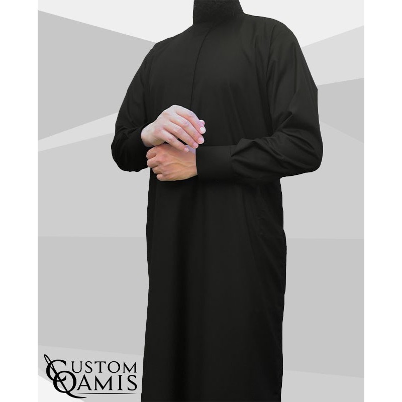 Qamis Saoudien Tissu Cashmere Wool  Noir (tissu costume) avec manchettes