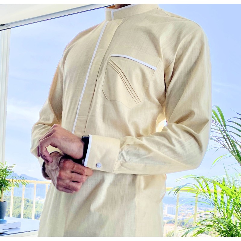 Edge thobe fabric Linen Sand and white