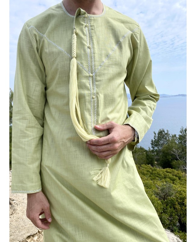  Emirati Thobe fabric Linen Pistachio green with Tarboucha (lash)