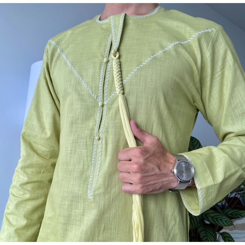  Emirati Thobe fabric Linen Pistachio green with Tarboucha (lash)