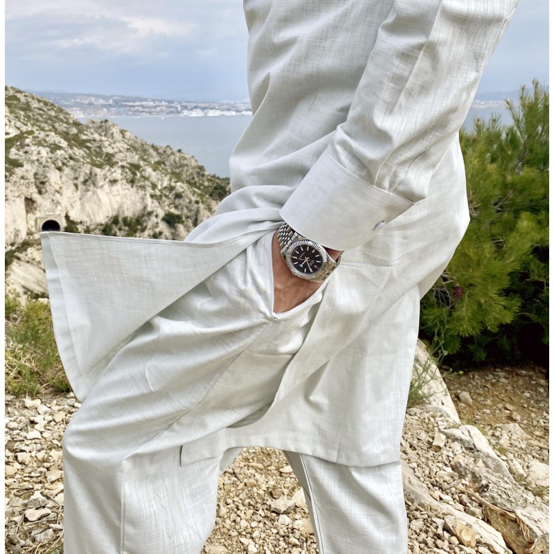 Qamis Classic coupe pakistanaise col Cutaway Gris Tissu Linen