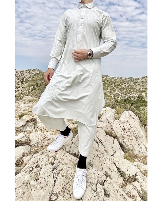 Classic Pakistani cut Cutaway Thobe Light grey linen Fabric