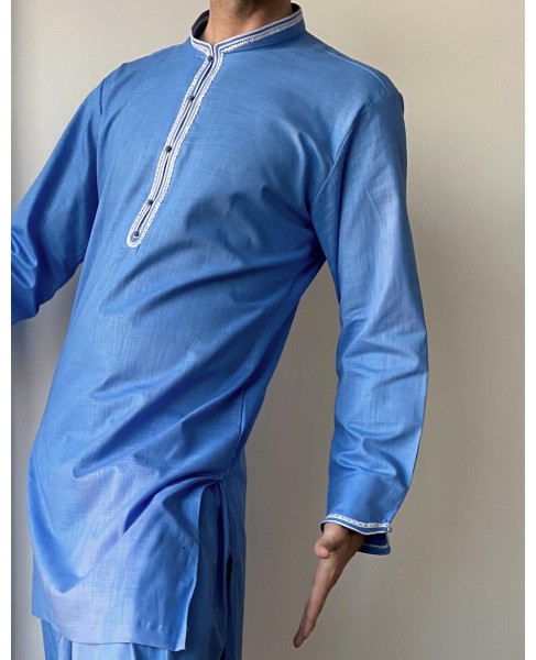 Qamis Al Masaf coupe tunique tissu Linen Bleu Saphir avec broderie
