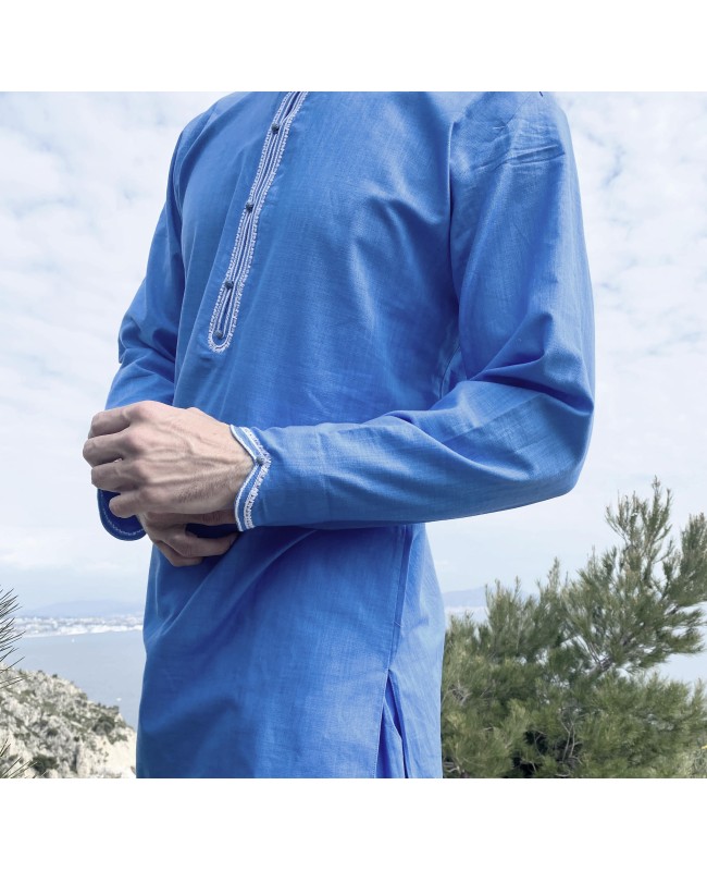 Qamis Al Masaf tunic cut fabric Linen : Sapphire blue with Qandrissi Serwel (Moroccan Style) 