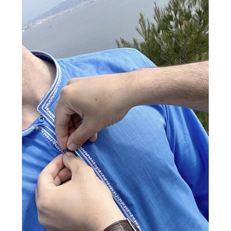 Qamis Al Masaf tunic cut fabric Linen : Sapphire blue with Qandrissi Serwel (Moroccan Style) 