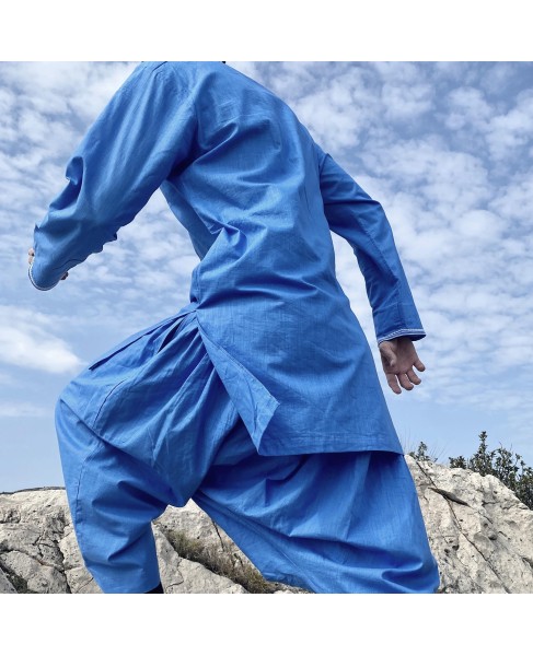 Qamis Al Masaf coupe tunique tissu Linen Bleu Saphir avec broderie