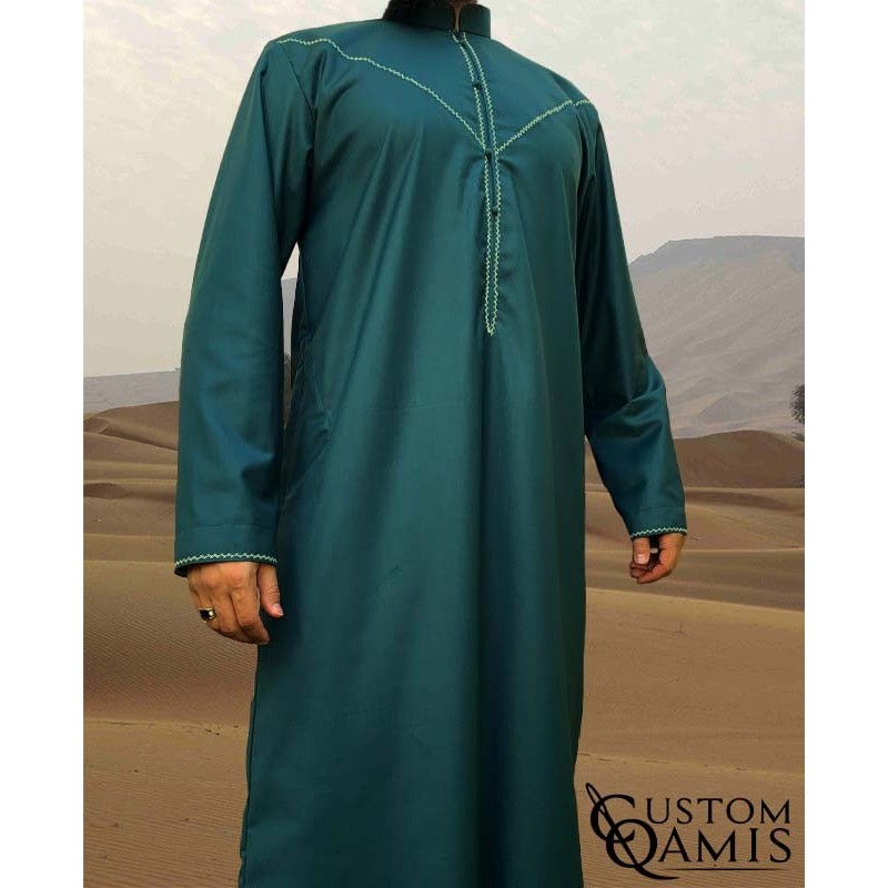 Qamis Emirati col Bahraini rond tissu Cashmere Wool Vert Bleuté