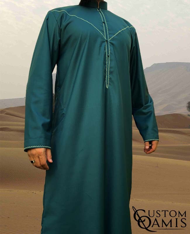 Emirati Thobe Rounded Bahraini Collar fabric Cashmere Wool Bluish Green (suit fabric)