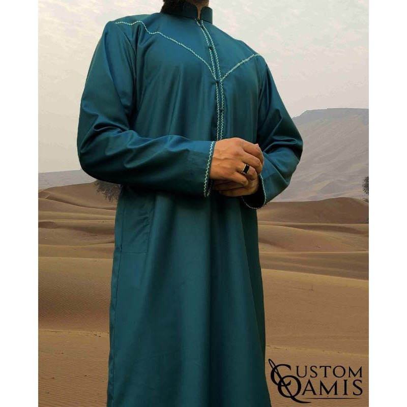Qamis Emirati col Bahraini rond tissu Cashmere Wool Vert Bleuté