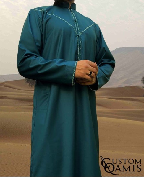 Qamis Emirati col Bahraini rond tissu Cashmere Wool Vert Bleuté