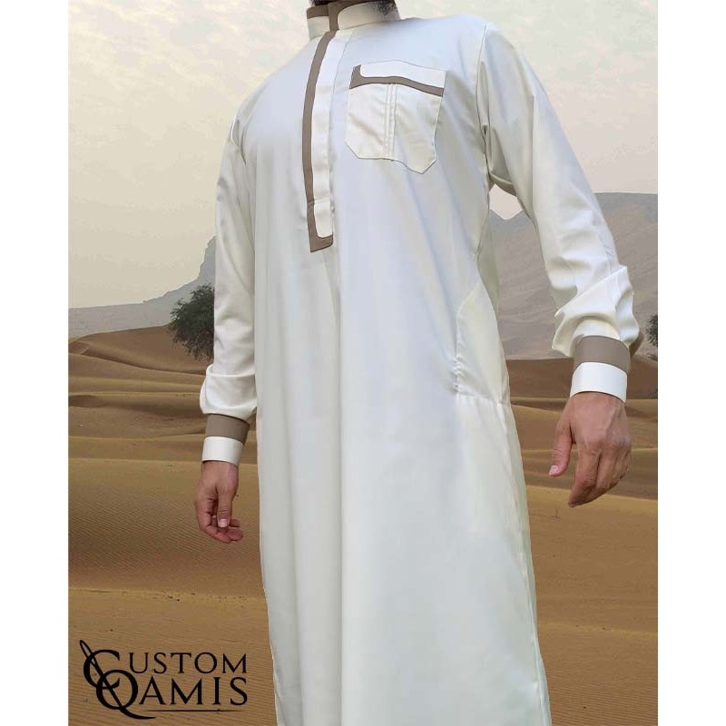 Qamis Luqman Tissu Cashmere Wool : Crème et Beige (tissu costume) 