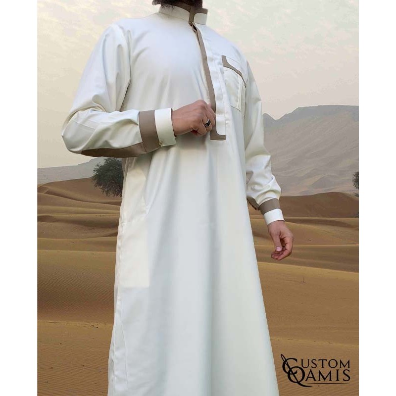 Qamis Luqman Tissu Cashmere Wool : Crème et Beige (tissu costume) 