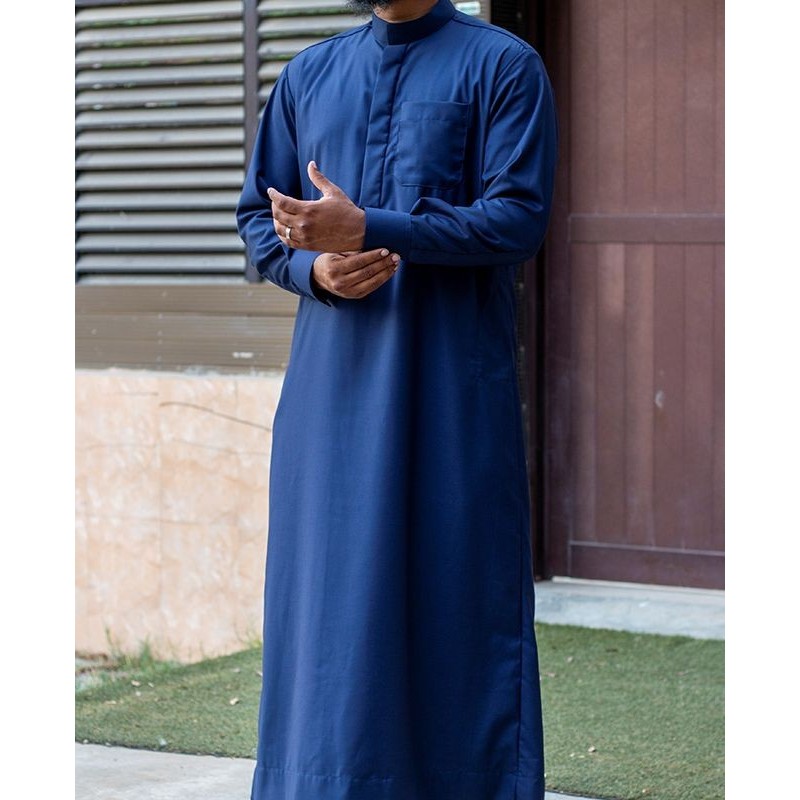 Qamis Saoudien Tissu Cashmere Wool bleu marine clair (tissu costume) avec manchettes