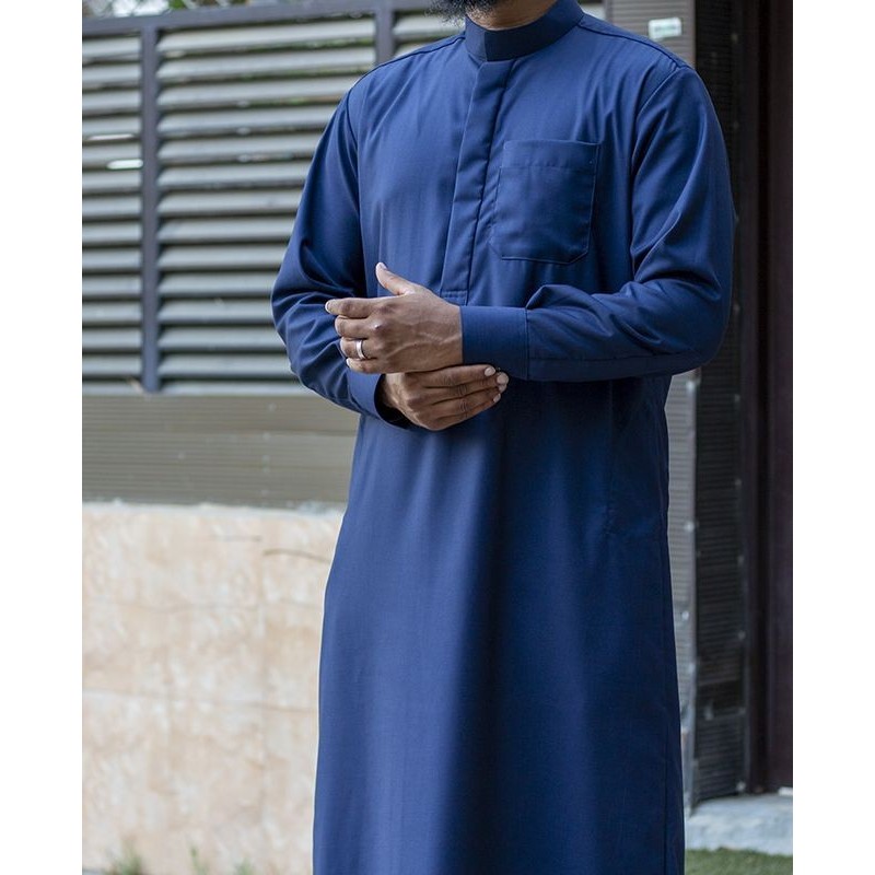 Qamis Saoudien Tissu Cashmere Wool bleu marine clair (tissu costume) avec manchettes
